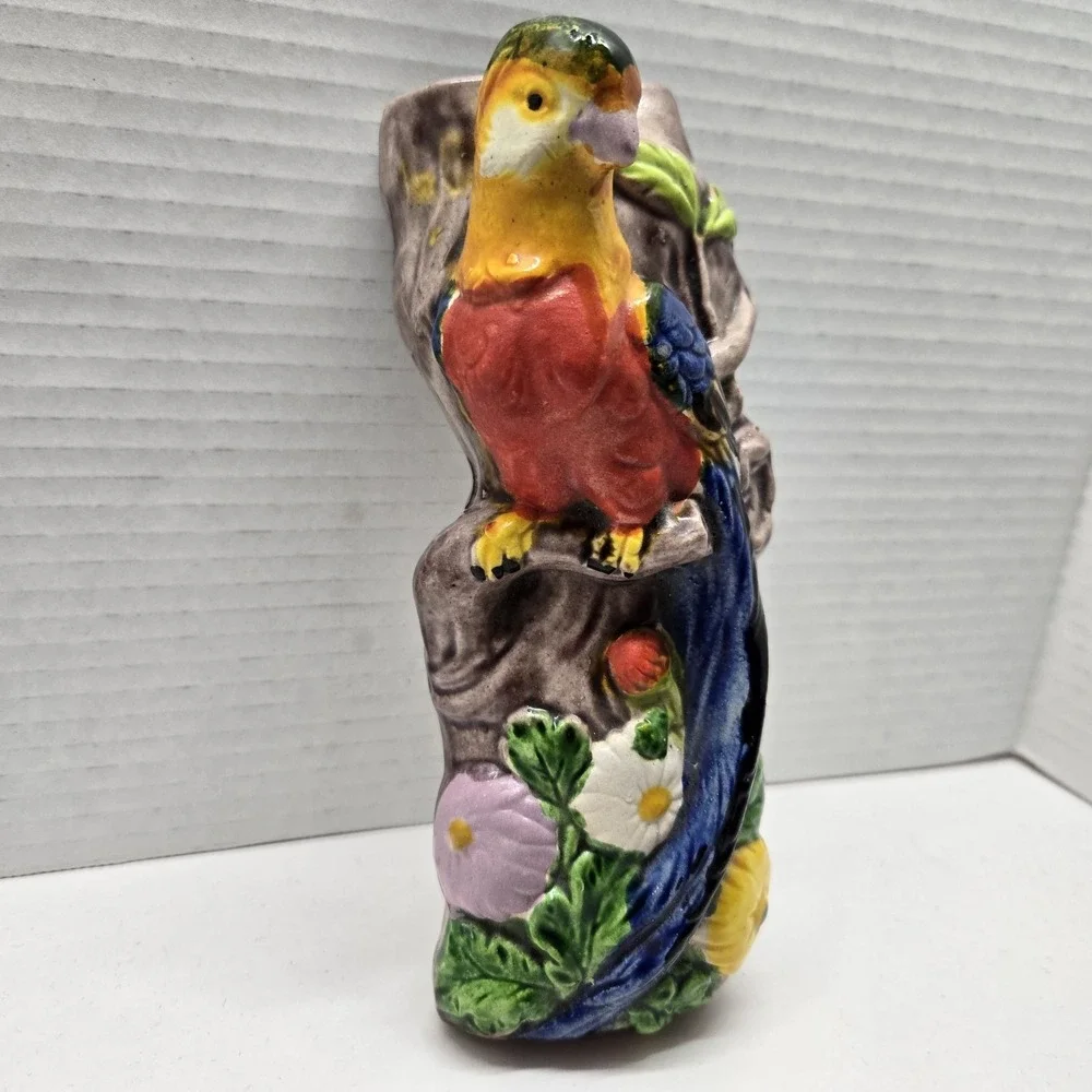 Vtg Ceramic Tropical Parrot Bird Wall Pocket Hang Vase Planter Occupied Japan 8